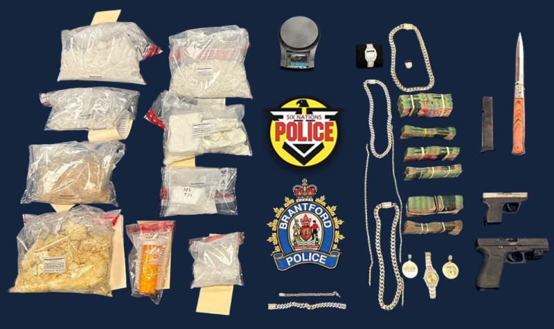 Packages of Illicit drugs, weapons, jewelry and police insignia from Brantford Police and Six Nations Police Services.
