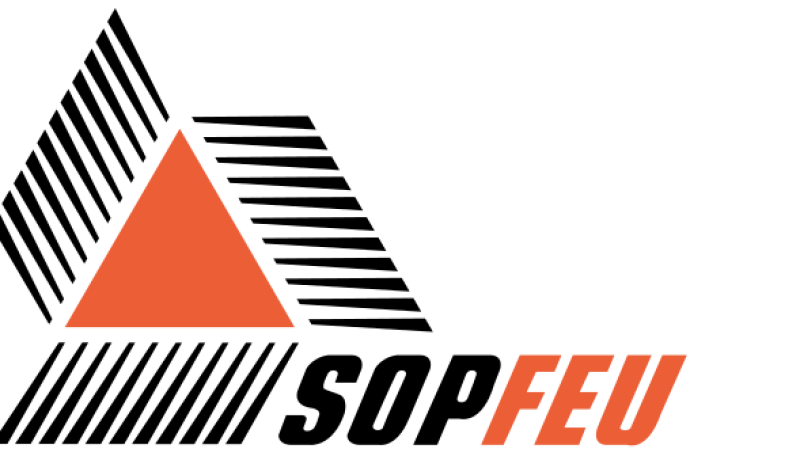 The logo of Quebec's forest fire fighting agency, SOPFEU, in orange and black