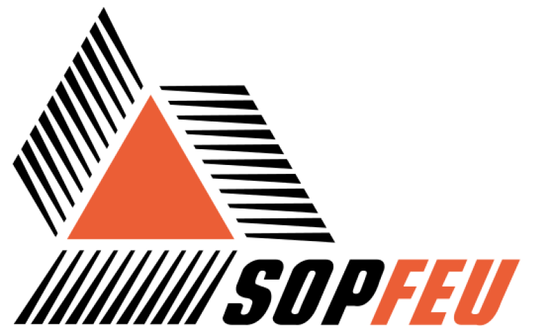 The logo of SOPFEU, featuring a large orange triangle.