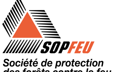 The logo of Quebec's forest fire fighting organization SOPFEU, with an orange triangle and black highlights.