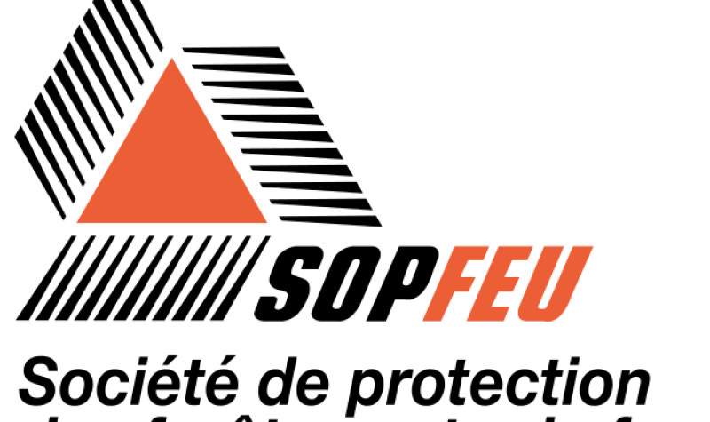 The logo of Quebec's forest fire fighting organization SOPFEU, with an orange triangle and black highlights.