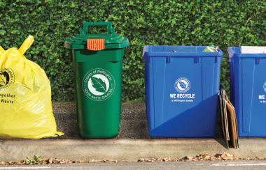 A series of waste and recycle bins with Wellington County branding sit in front of a shrub on a sidewalk.