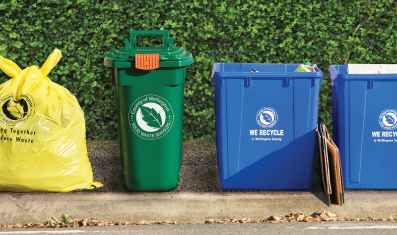 A series of waste and recycle bins with Wellington County branding sit in front of a shrub on a sidewalk.