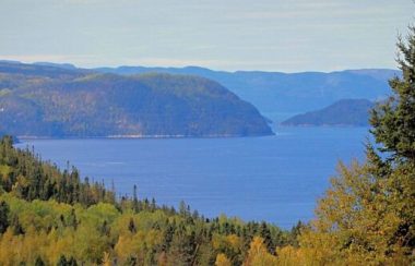 Paysage extérieur d'un ciel dégagé, de plusieurs montagnes au loin, le Fjord du Saguenay au centre et des arbres au devant de l'image.