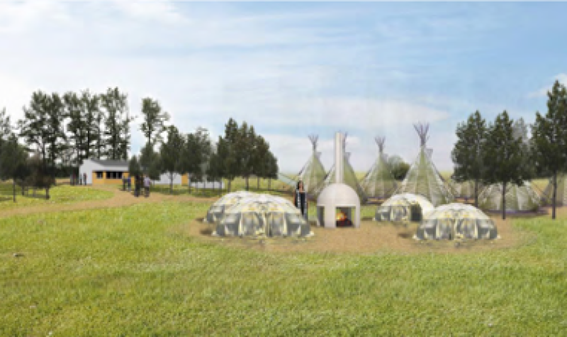 A rendering of the Sacred Land project. The image shows a green field with several white structures, including a central fire pit.