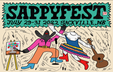 A poster for Sappyfest 2022 featuing a colourful drawing of two people dancing, one with a guitar, and one with a paintbrush.