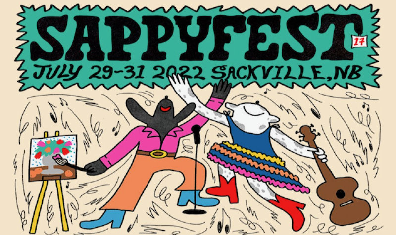 A poster for Sappyfest 2022 featuing a colourful drawing of two people dancing, one with a guitar, and one with a paintbrush.