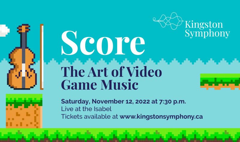 A concert poster with a cello in a blue sky on top of video game graphics