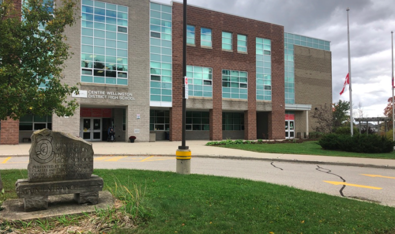 Rain clouds hover over Centre Wellington District High School in Fergus, Ontario.