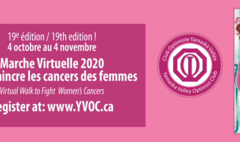 Pink advertisement for the virtual walk to fight women's cancer's.