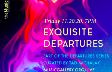 promotional graphic for Exquisite Departures. Gradient of blue, purple, pink behind title and event info