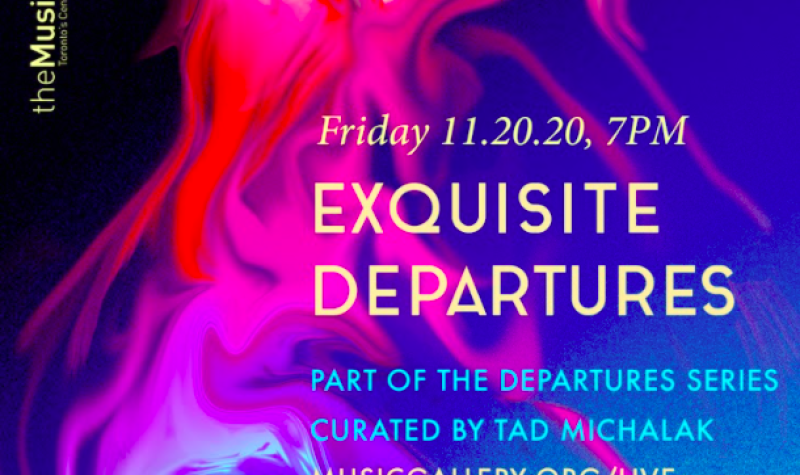 promotional graphic for Exquisite Departures. Gradient of blue, purple, pink behind title and event info