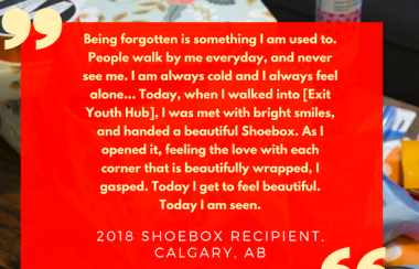 A digital thank you note from a woman who received a shoebox from the charitable organization in Calgary.