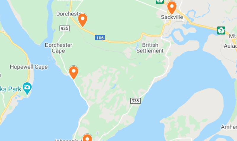 A Google Map of the four locations where robberies or attempted break-ins happened around Sackville this week.