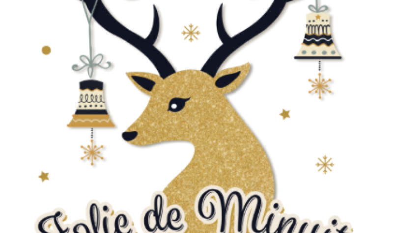 Picture of a cartoon deer with ornaments hanging in the antlers. The words Folie de minuit - Midnight Madness across the bottom.