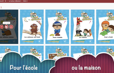 Un menu numérique de leçons de lecture avec des images dessinées d'enfants et d'animaux.