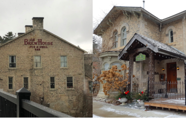 Two side by side pictures of the exterior of restaurants Brew House on the Grand and The Breadalbane.