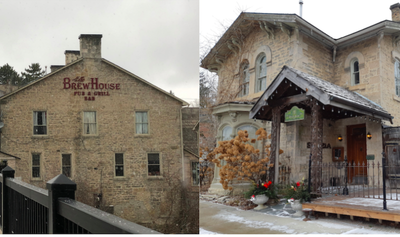 Two side by side pictures of the exterior of restaurants Brew House on the Grand and The Breadalbane.