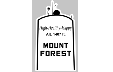The black and white Mount Forest water tower sticker design.