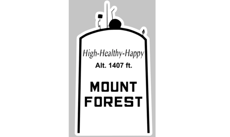 The black and white Mount Forest water tower sticker design.