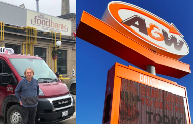Side by side images of someone standing in front of the CW Foodbank and a local A&W sign