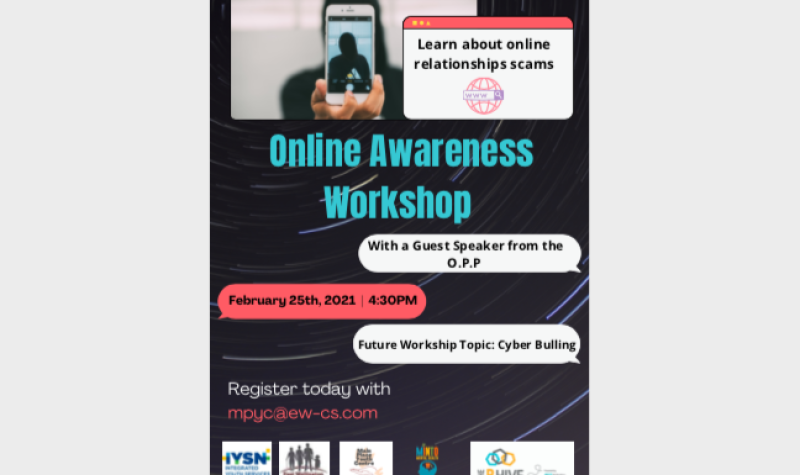A black poster advertising online awareness workshops organized by youth groups in Centre Wellington.