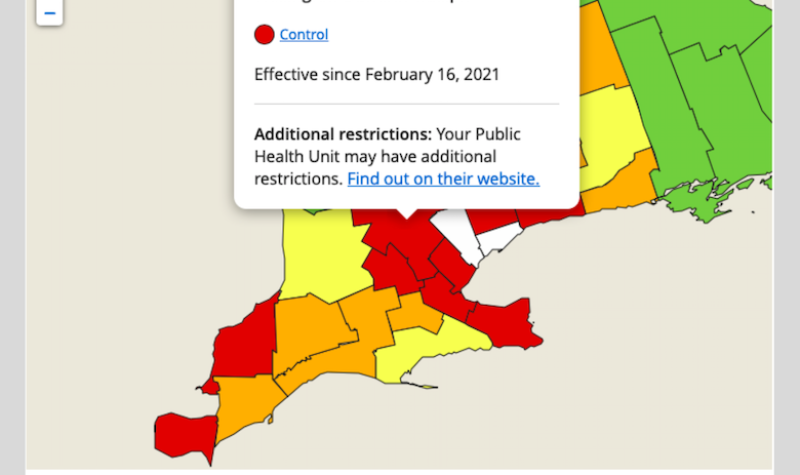 A red, yellow and green map of the Wellington-Dufferin-Guelph region's latest COVID-19 case count and designation