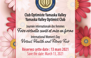 A promotional online ad for the YVOC health and fitness fair this Saturday. The poster is pink with flowers.
