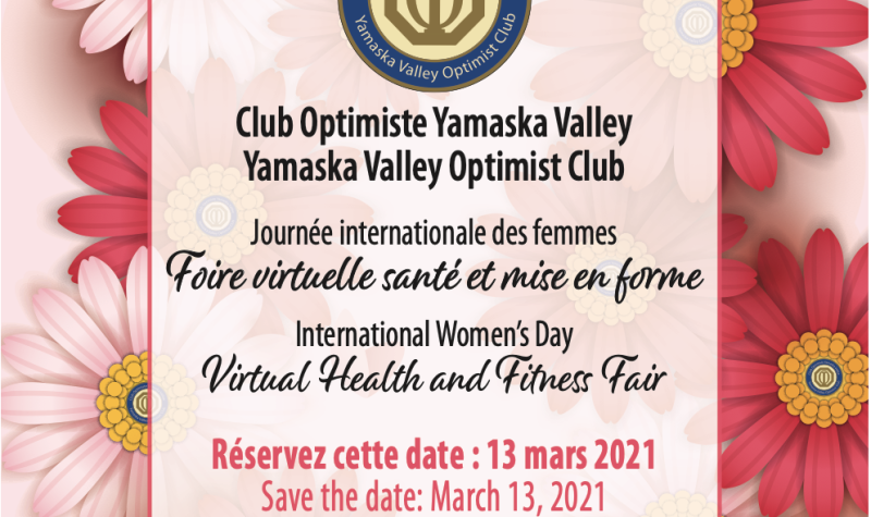 A promotional online ad for the YVOC health and fitness fair this Saturday. The poster is pink with flowers.