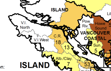 A white, yellow, red and orange map of Vancouver Island and the coast of Vancouver showing cases by region for the week of Marh 7-13