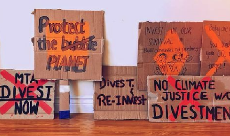 Signs prepared by Divest MTA for Friday’s Global Climate Strike event. Image: Instagram post by Divest MTA