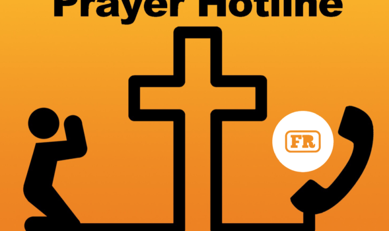 There is an orange background with the outline of a generic human a cross and a telephone. The title reads prayer hotline.