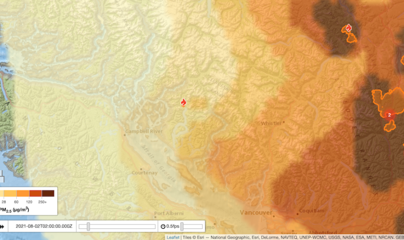 Screenshot of BlueSky Canada interactive online visual tool showing smoke dispersion and PM2.5 levels over BC