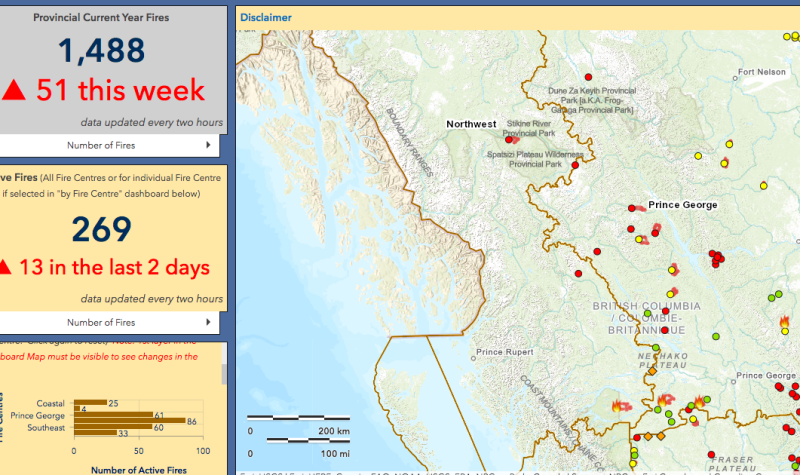 A BC interior and northern bc wildfire map from August 13