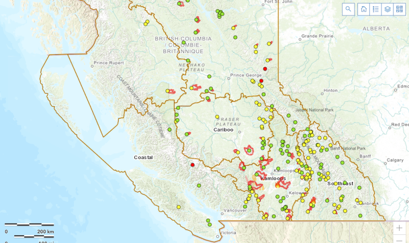 Map showing locations of wildfires across BC using green, yellow and red dots