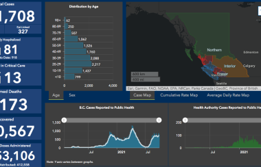 A map from the government of BC shows the rate of infection and covid-19 cases in all of BC