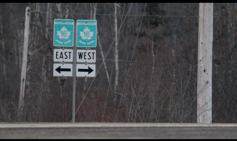 Two green and white signs along highway 16 point east and west witha forest behind