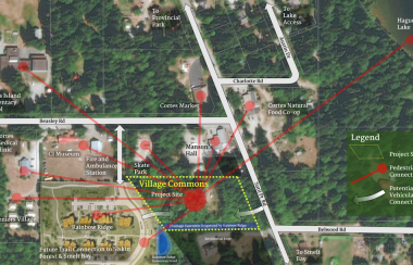 A topographical map shows the project site with potential pedestrian and vehicular access.