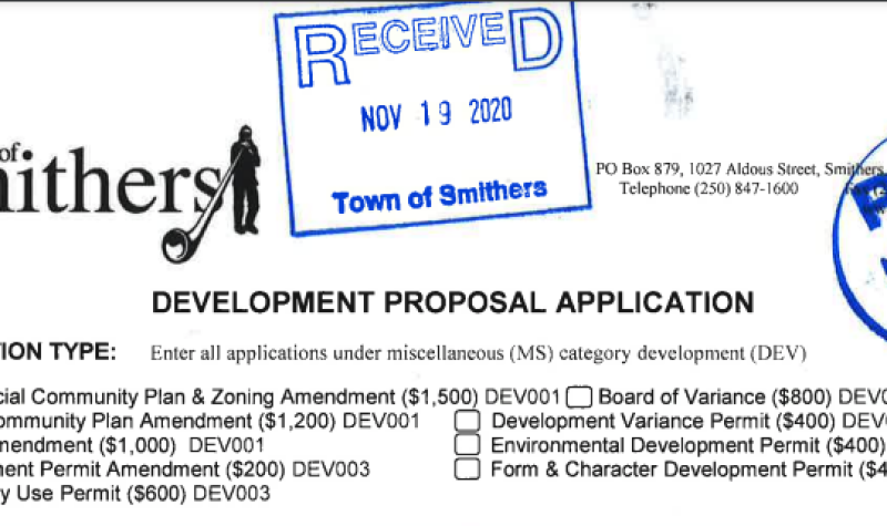 A black and white screenshot of a development proposal application to the Town of Smithers with two royal blue stamps on top.