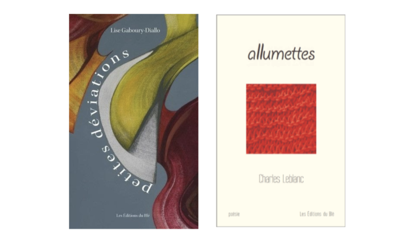 Les deux couvertures des recueils de poésie, à gauche la couverture est grise, verte, orange et rouge, à droite, la couverture est beige avec un carré rouge.