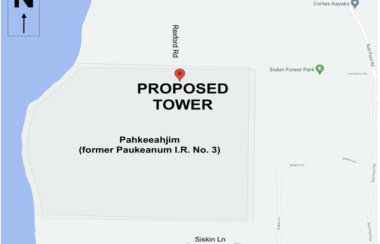 A map shows proposed tower location with surrounding streets and water on one side.