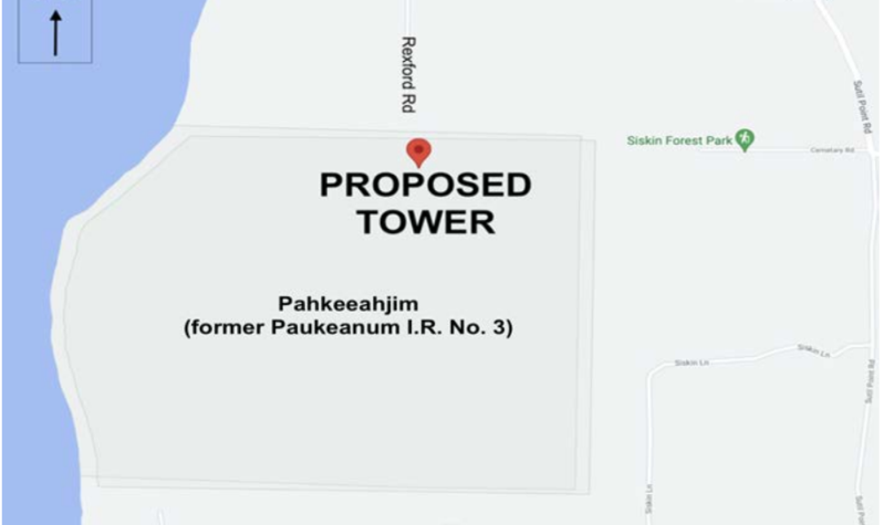 A map shows proposed tower location with surrounding streets and water on one side.