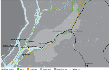 A grey map showing the land area of the proposed LNG Feeder Pipeline through Nisga'a territory in Northern BC