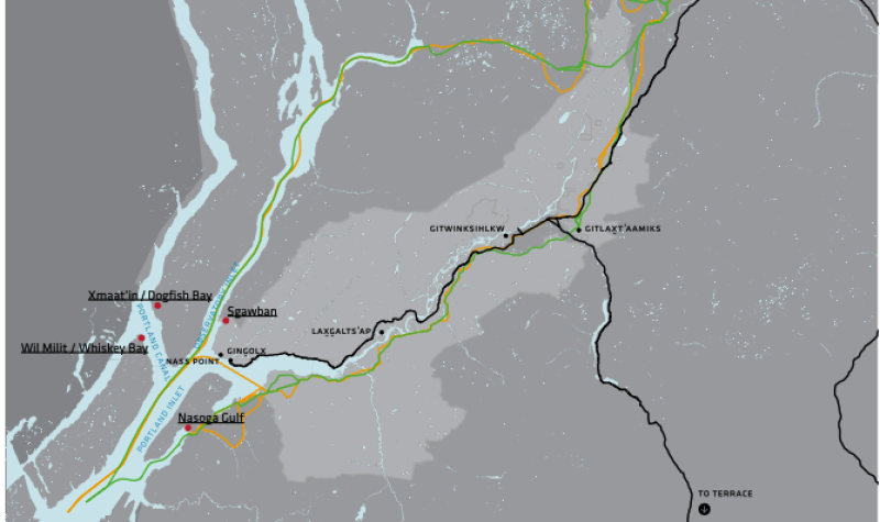 A grey map showing the land area of the proposed LNG Feeder Pipeline through Nisga'a territory in Northern BC
