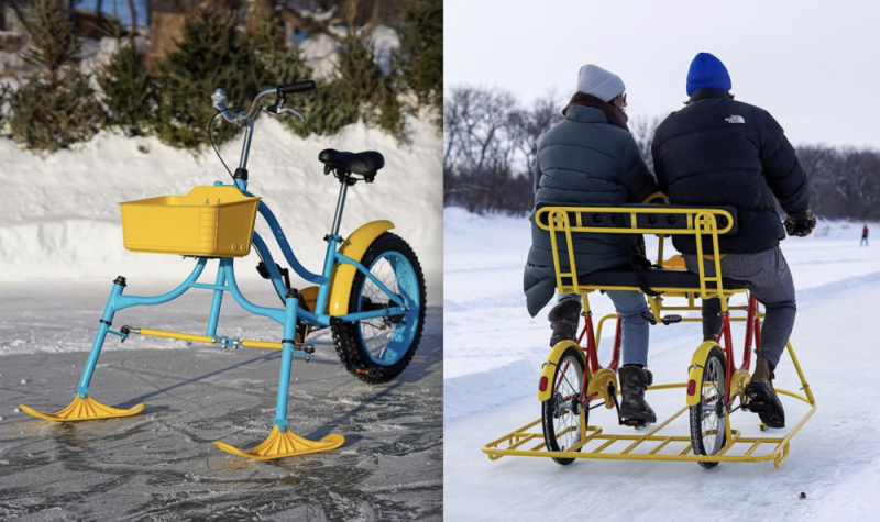 À droite, une bicyclette à glace style tricycle bleu et jaune sur une rivière gelée, à gauche, un couple vu du dos sont sur un tandem sur la rivière gelée.