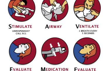 An infographic that shows the steps for assessing the condition and severity of an unconscious body using the SAVEME steps