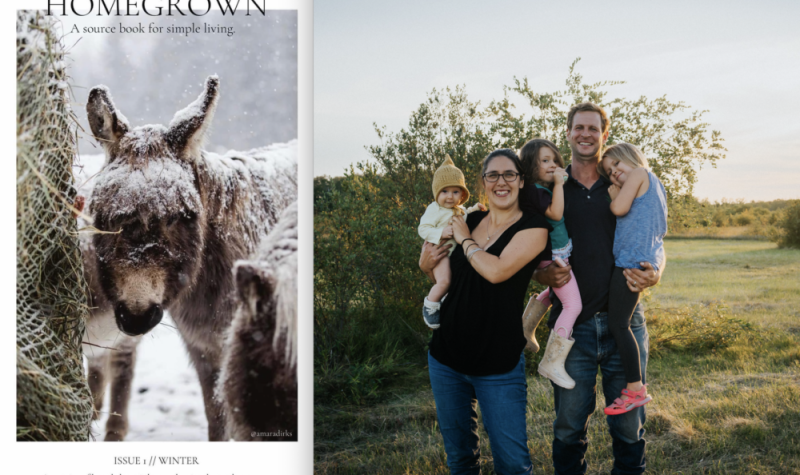 À gauche, la page couverture du livre montre un âne en hiver, à droite, la famille Fiola en photo dehors sur leur ferme.