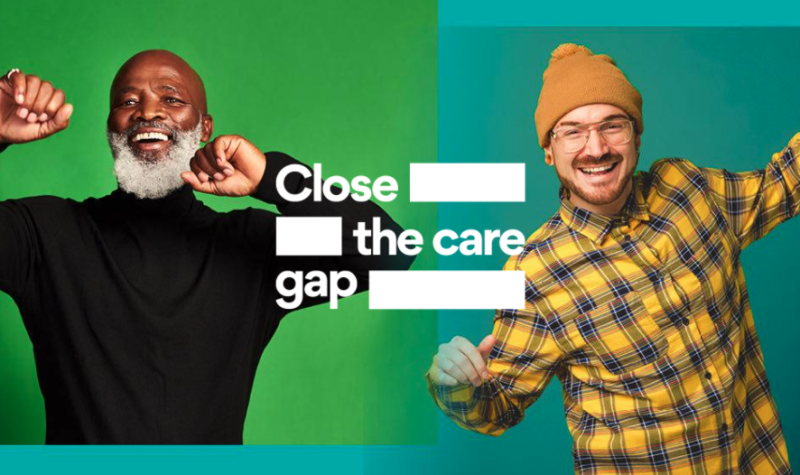 Two men look jubilant with the words close the care gap written between them. The image is used for cancer awareness.