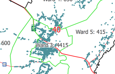 A map showing dots representing residences and lines delineating electoral wards.