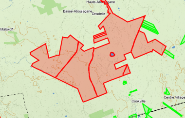 A oddly shaped plot of land marked in red on a green map.